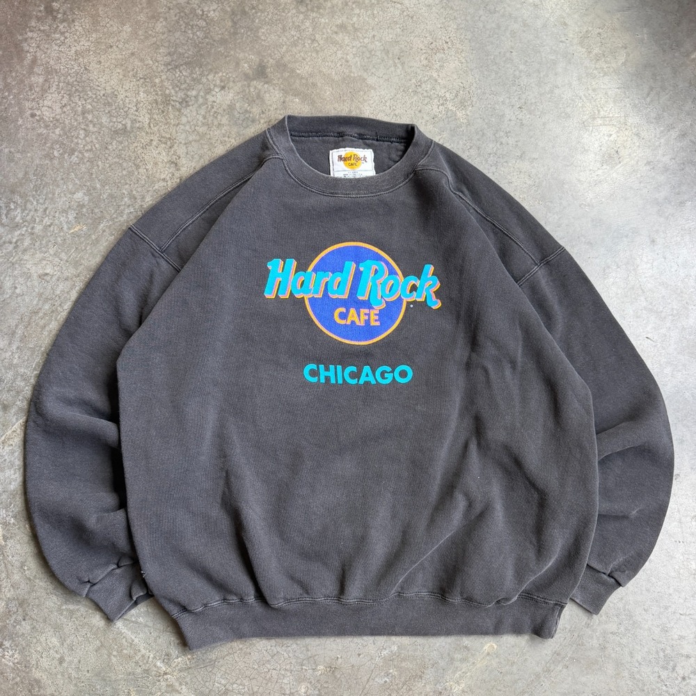 Vintage 90s Hard Rock Cafe Faded Black Chicago Sweatshirt Crewneck Mens XL USA
